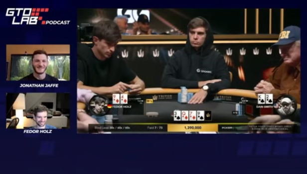 Podcast screen showing a Triton final table hand: big blind 9♦4♦ vs cutoff K♣2♣ on Q♠7♦3♦4♠3♣ with a 1,390,000 chip pot, host Jon Jaffe and guest Fedor Holz visible on the left.