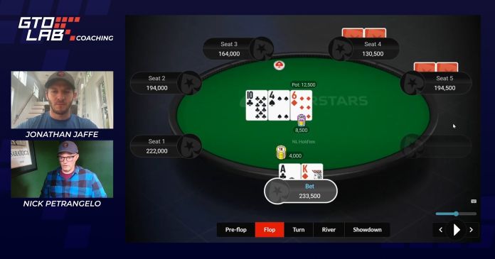 Jonathan Jaffe and Nick Petrangelo discuss a poker hand in GTO LAB coaching software, showing advanced bluff catching analysis on a simulated table.