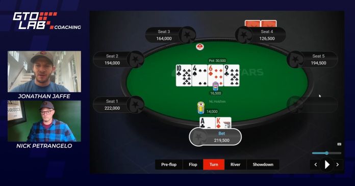 Jonathan Jaffe and Nick Petrangelo analyze a poker hand on the turn street, focusing on GTO bluff catching strategy during a GTO LAB coaching session.