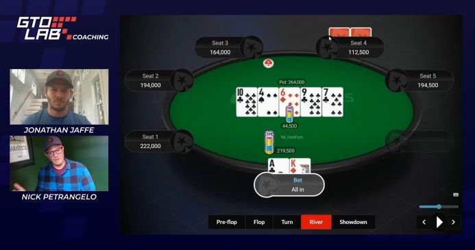 Jonathan Jaffe and Nick Petrangelo review a river all-in shove in a GTO LAB coaching session, exploring advanced bluff catching strategy and range balance.