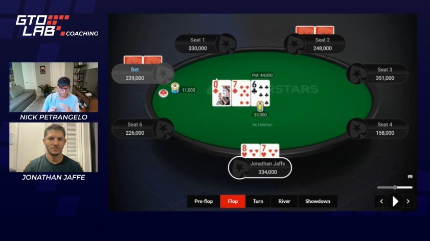 Jonathan Jaffe reviews a multiway poker hand on a Queen-High board with Nick Petrangelo.