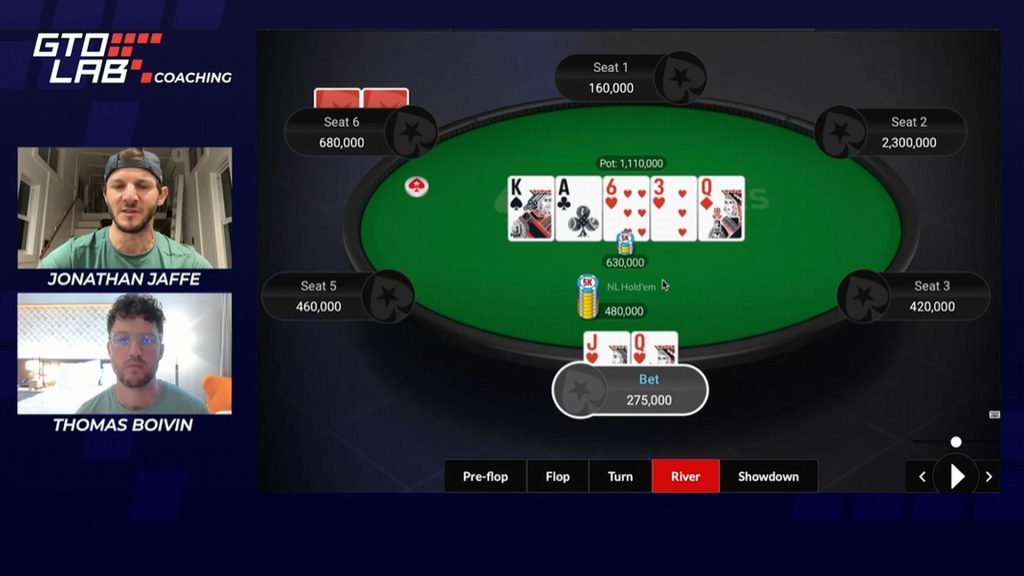Thomas Boivin and Jon Jaffe reviewing hand histories to illustrate balanced bluffing ranges in high-stakes poker.
