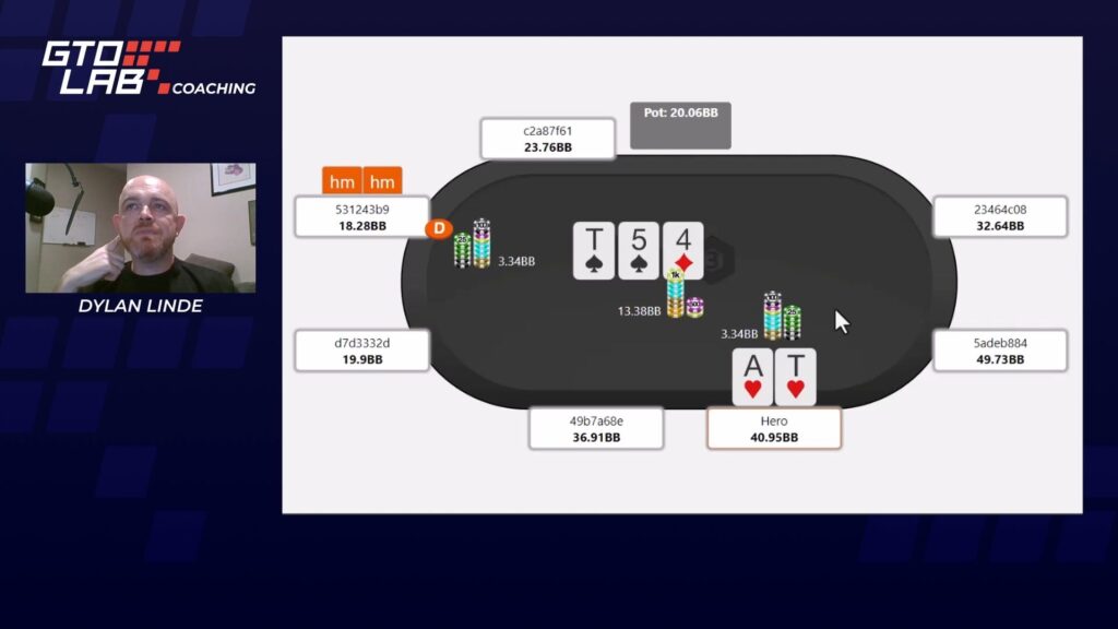 Poker table showing a hand of Ace-Ten on a Ten-high flop during a GTO LAB coaching session.