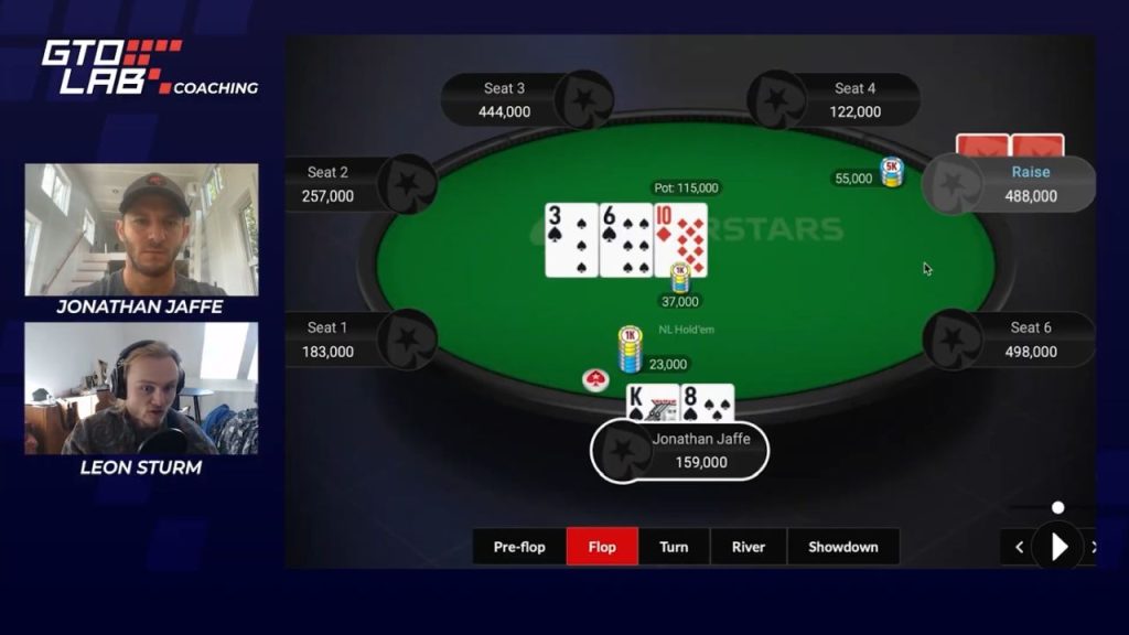 An advanced poker theory solver analysis of a hand on the flop in a 3-bet pot.