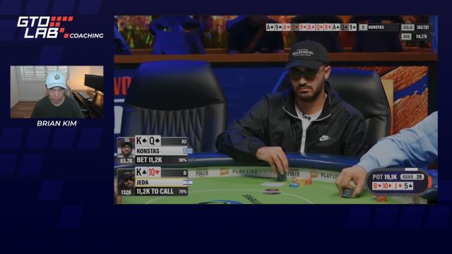 A player makes a large overbet on the turn in a 3-bet pot during the WSOPE.