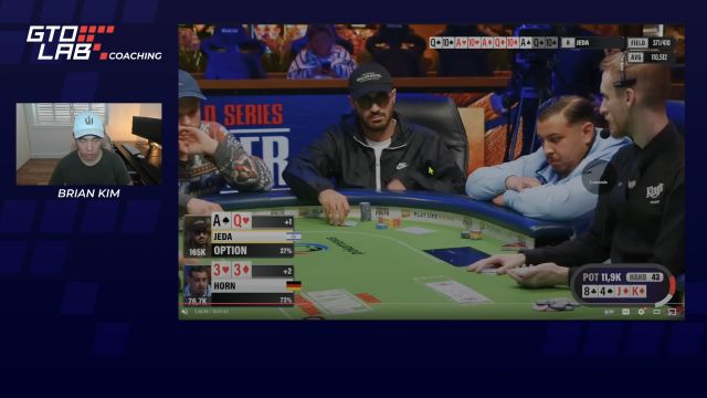 A GTO LAB video screenshot showing a player checking back the turn in a deep stack 3-bet pot after a King hits.