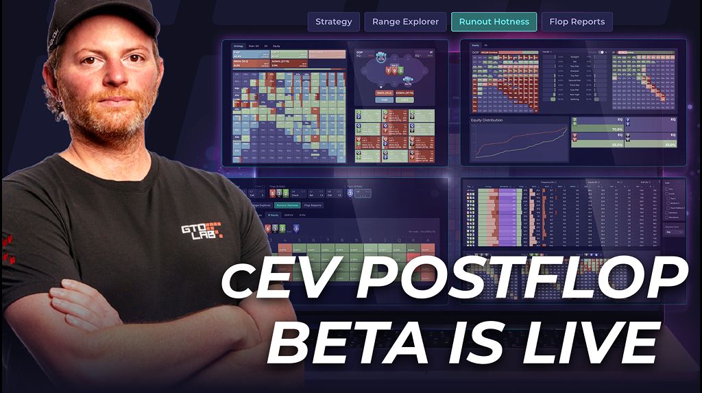 Nick Petrangelo standing with arms crossed beside screenshots of the new Postflop cEV software interface, with the headline "cEV POSTFLOP BETA IS LIVE."