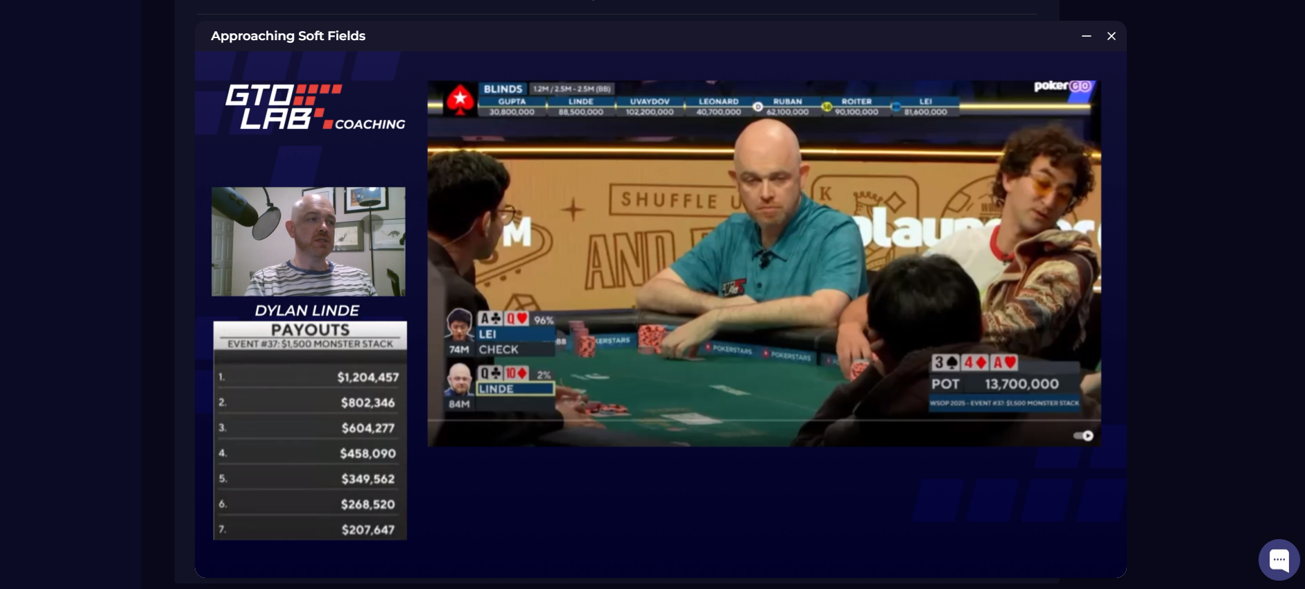 Dylan Linde reviewing the WSOP Monster Stack final table with payout structure visible in GTO LAB's Approaching Soft Fields coaching series
