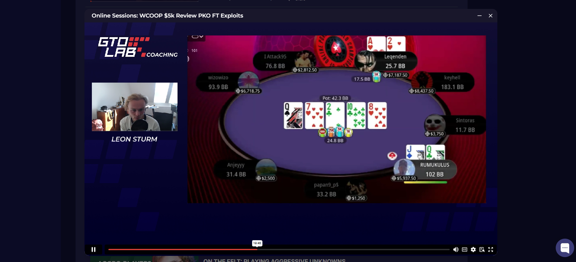 Leon Sturm analysing a PKO final table with stack sizes and bounty values in GTO LAB's Online Sessions coaching series
