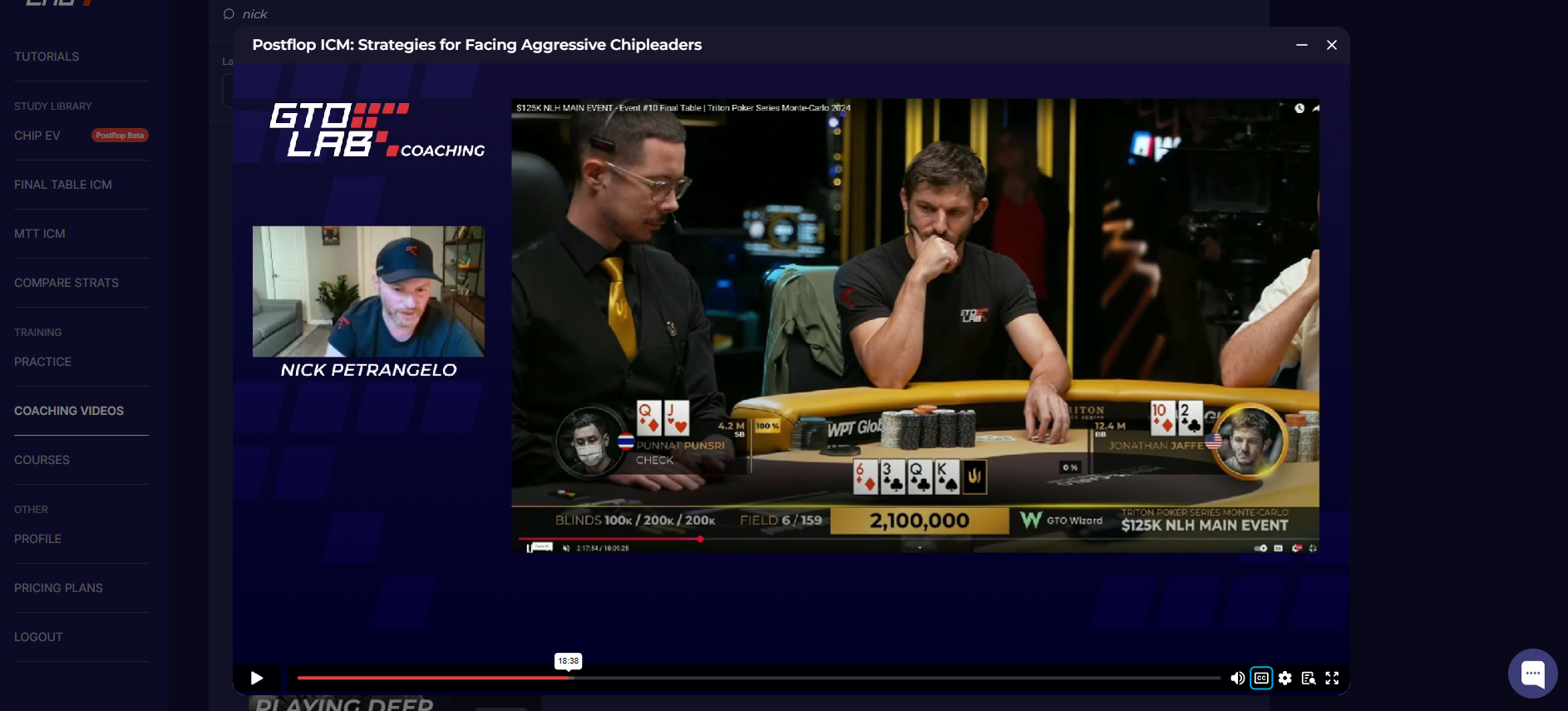 Nick Petrangelo reviewing a Triton $125K NLH Main Event hand in GTO LAB's Postflop ICM coaching series